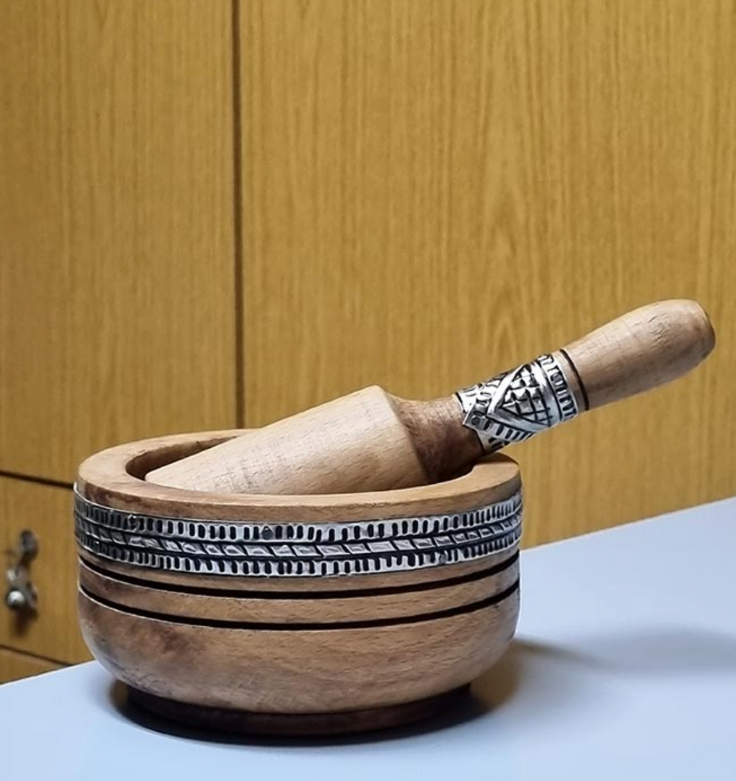 Handmade Pestle & mortar Decorated with a Plate of Metal